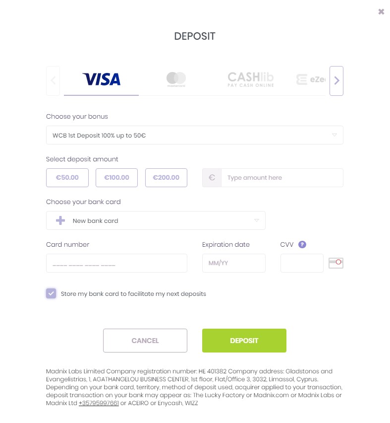 deposit methods madnix casino