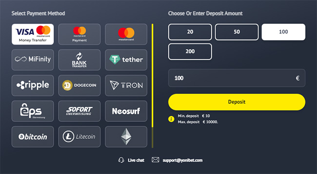 Geld auf Yonibet einzahlen