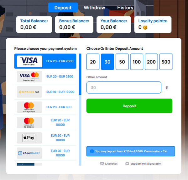 deposit millionz casino