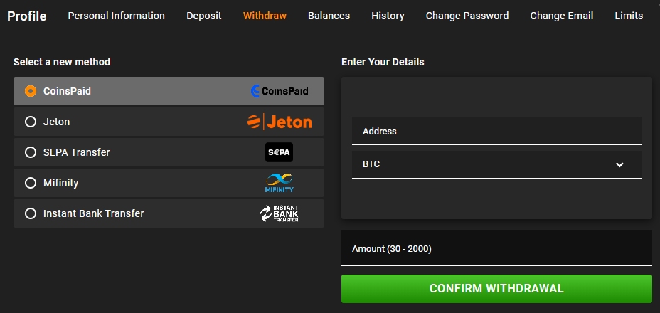 Withdraw Vegadream Casino