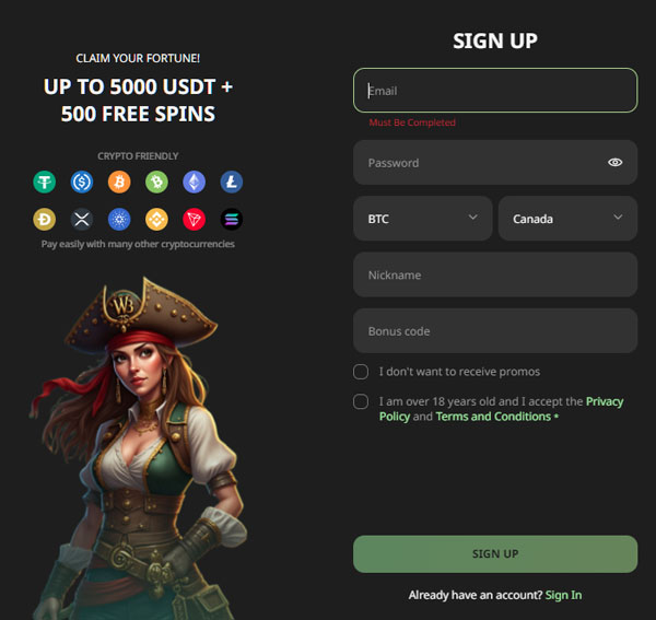 WillBet Casino sign-up