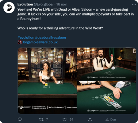 Ankündigung des Spiels Dead or Alive Saloon von Evolution auf Twitter