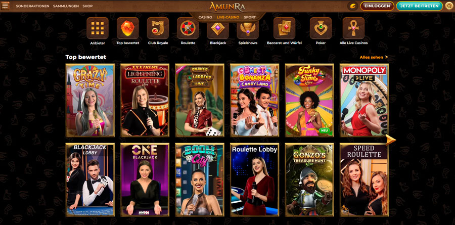 Verschiedenen Spiele Live Casino Amunra