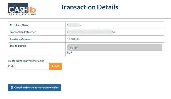 Transaction details Cashlib