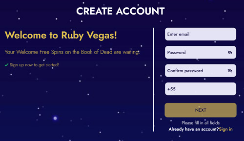 Inscrição no Cassino Ruby Vegas
