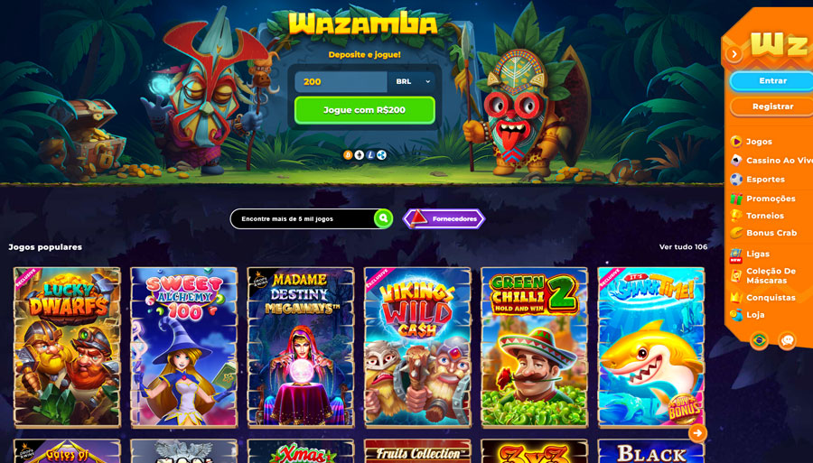Página inicial do Wazamba Casino