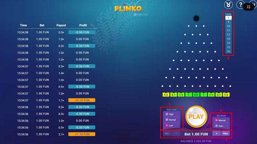Explicação Apostas, risco, linhas e modo de aposta no Plinko